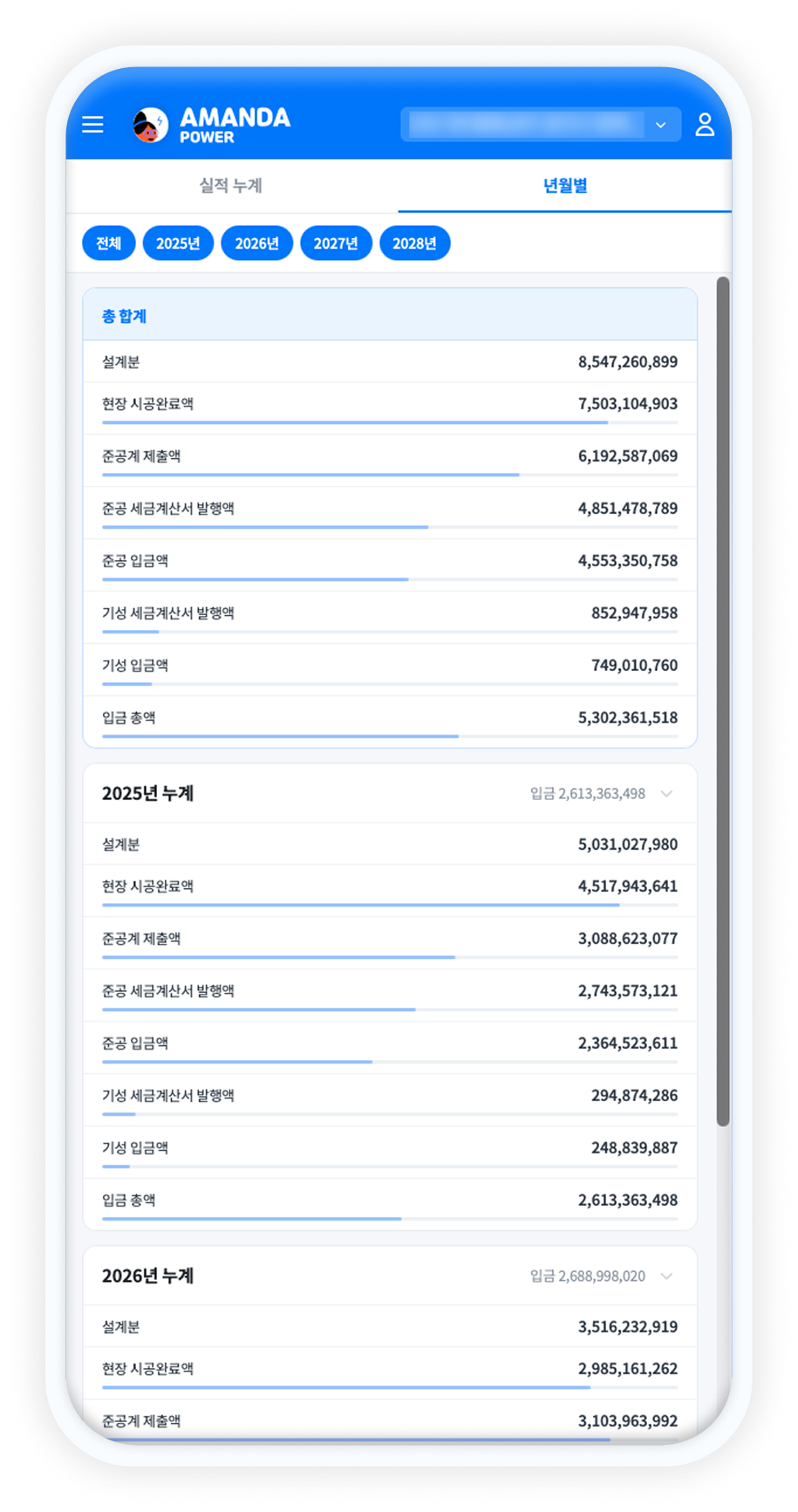 아만다 파워 모바일 화면 - 년월별